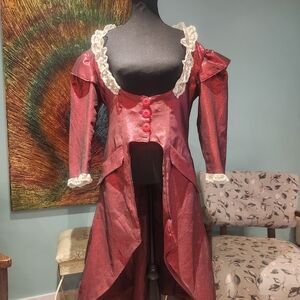 Elegant Red High-Low Jacket with Lace Trim